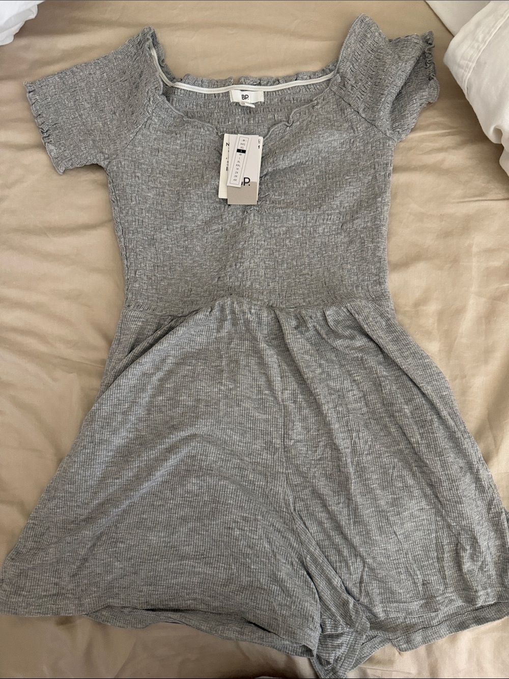 bp Gray Short-Sleeve Ribbed Mini Romper